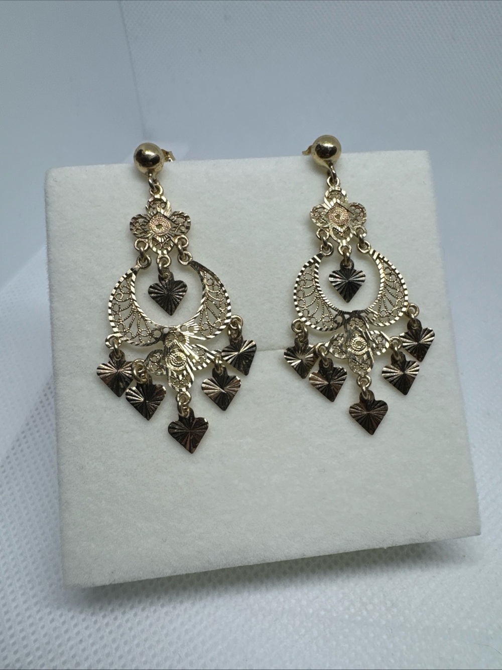 Vintage 14k Yellow Gold Filigree Heart Drop Dangle Chandelier Earrings 4.64g
